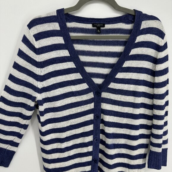Talbots Striped Linen Cardigan Sweater MP V Neck Summer Lightweight Blue White - Picture 4 of 7